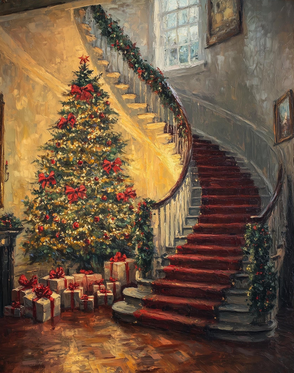 Grand Staircase Christmas art print unframed, signed by Pattie Overcash