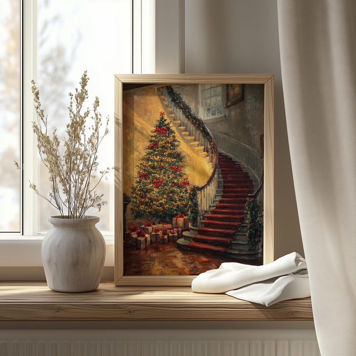 Grand Staircase Christmas art print shown in a room setting