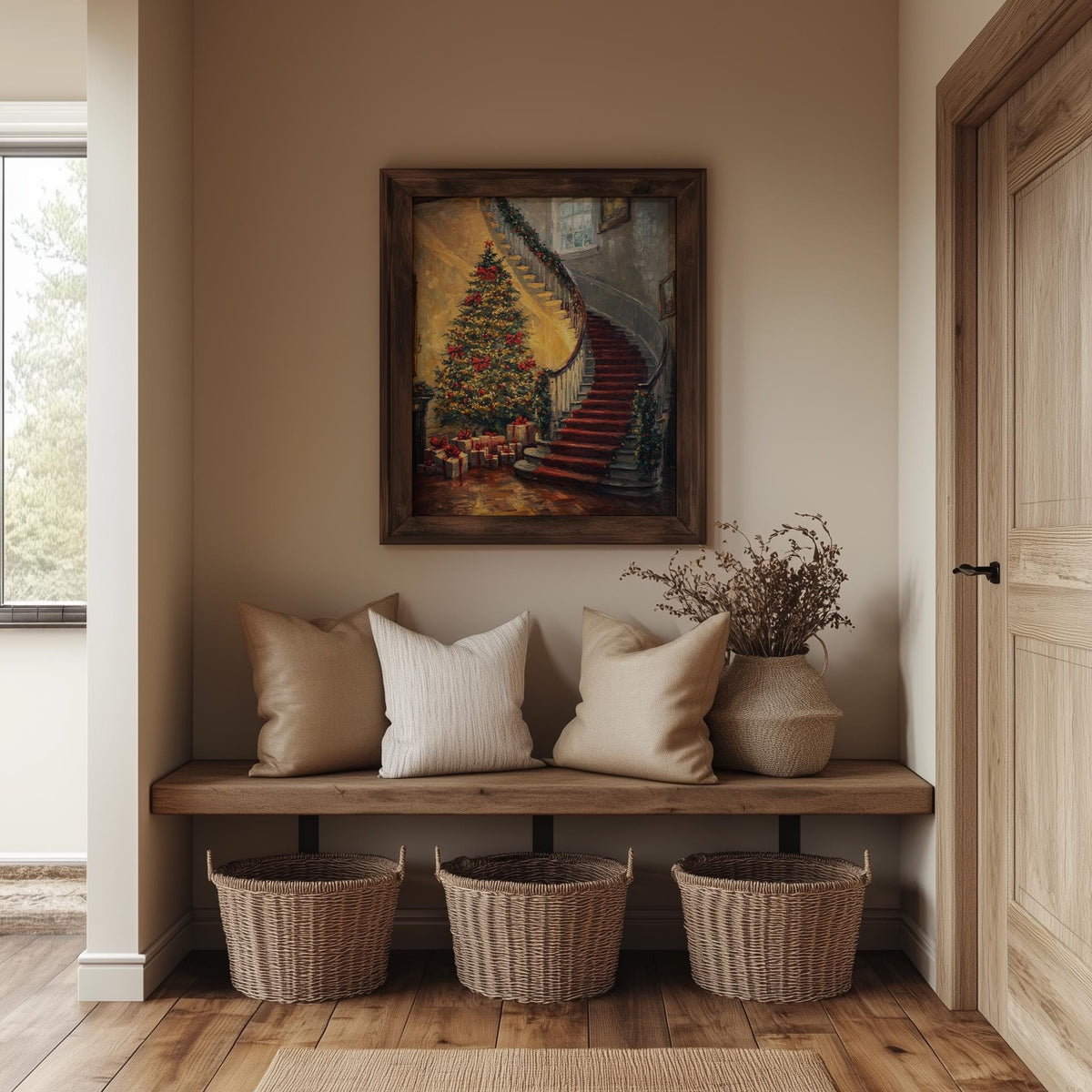 Grand Staircase Christmas art print shown in a room setting