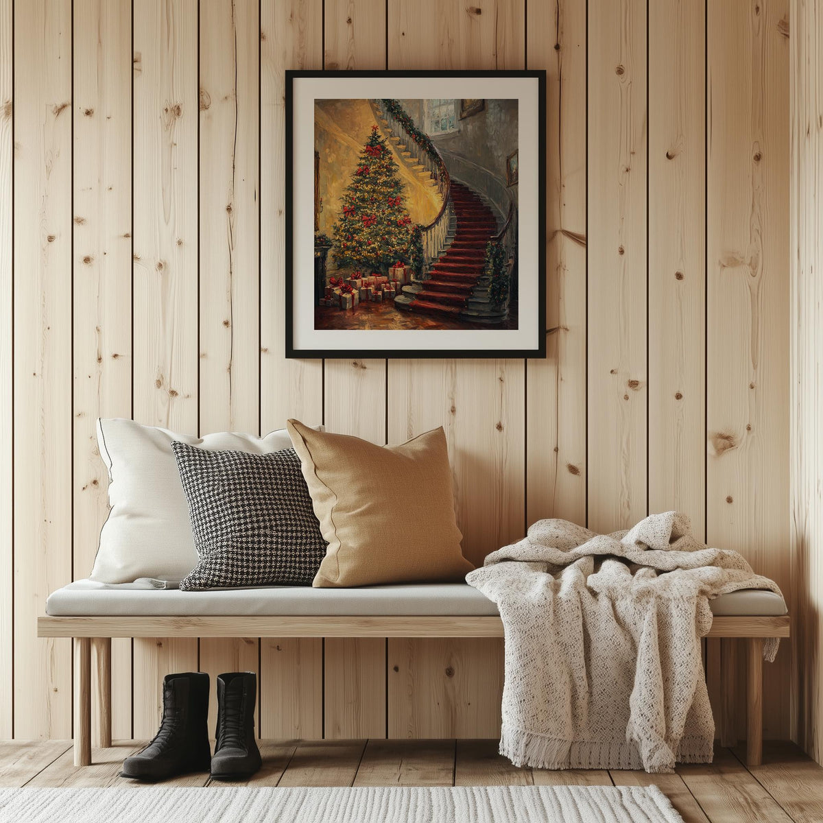 Grand Staircase Christmas art print shown in a room setting