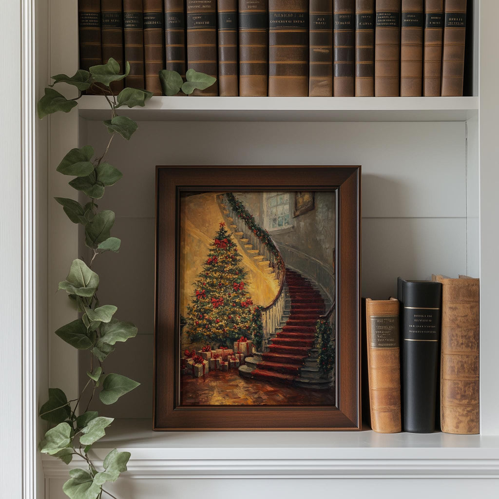 Grand Staircase Christmas art print shown in a room setting