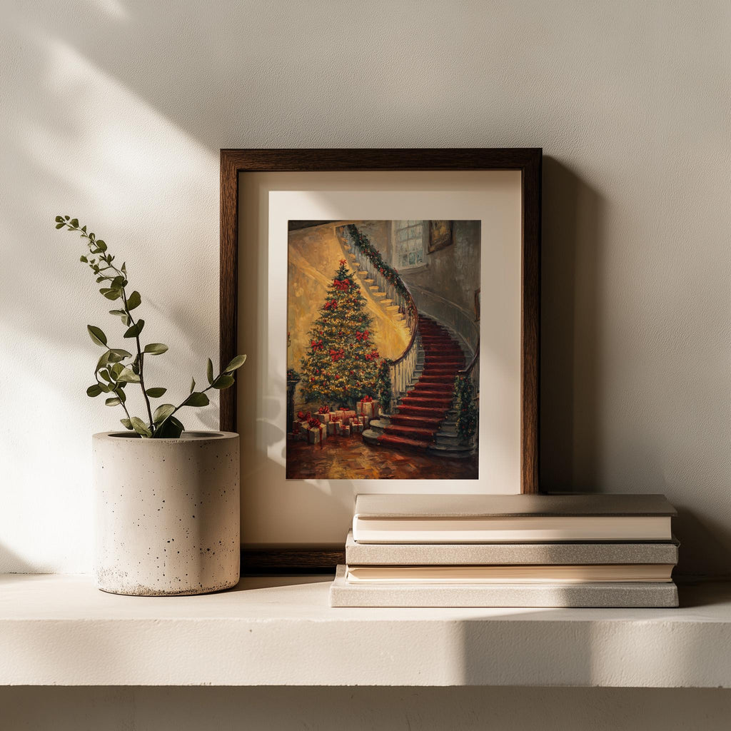 Grand Staircase Christmas art print shown in a room setting