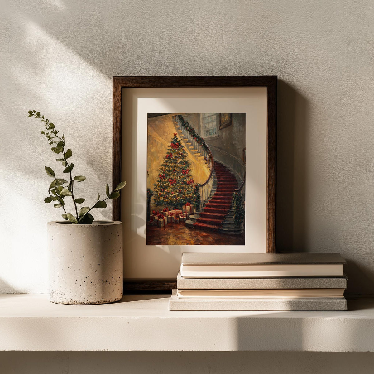 Grand Staircase Christmas art print shown in a room setting