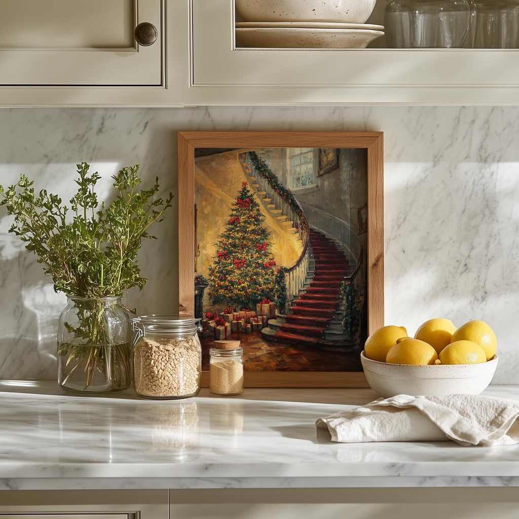 Grand Staircase Christmas art print shown in a room setting