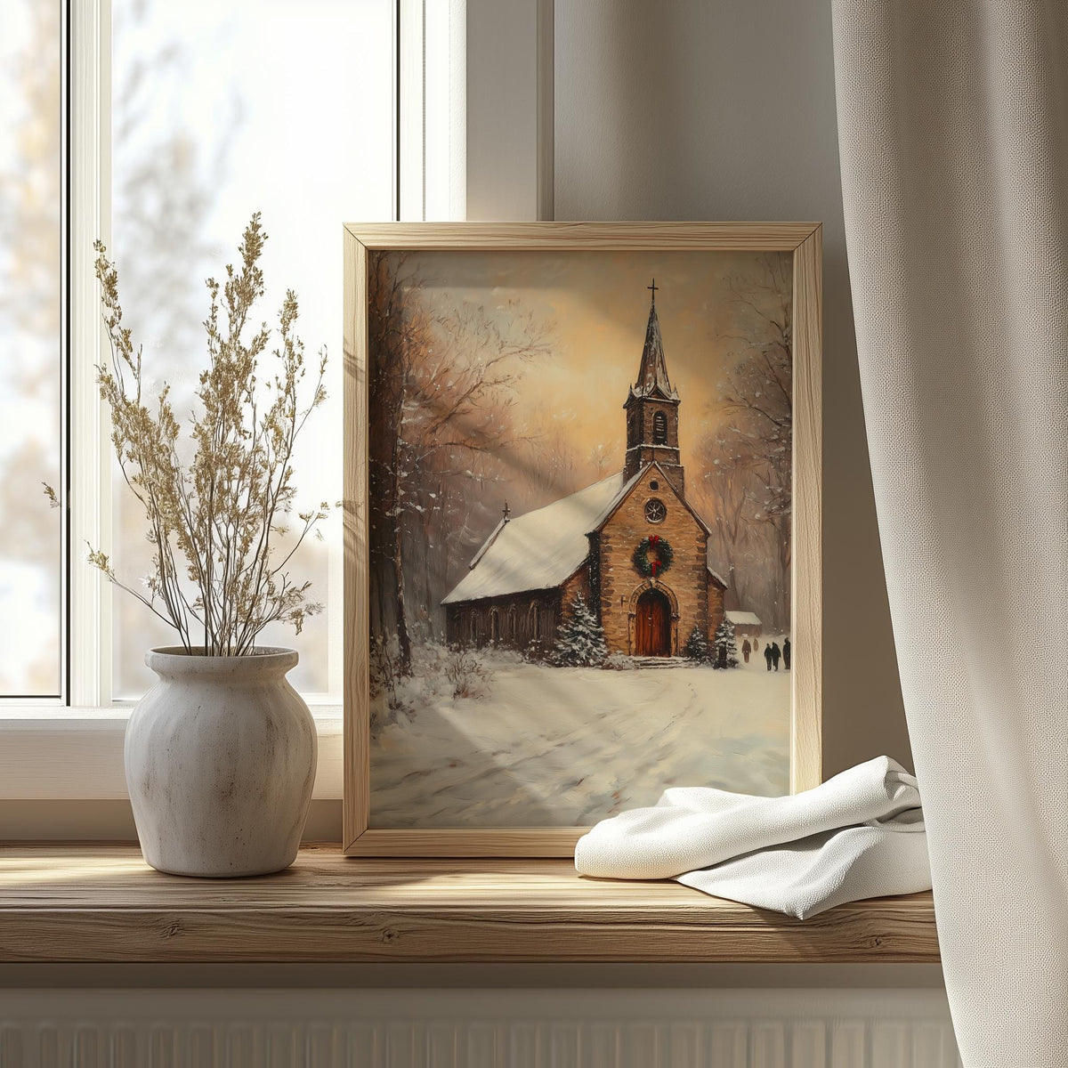 Snowy Chapel Christmas art print shown in a room setting