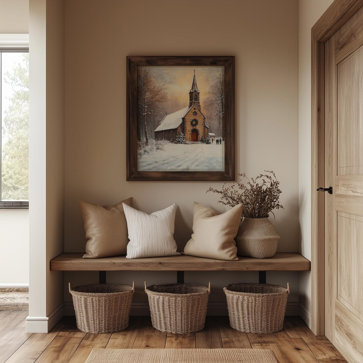 Snowy Chapel Christmas art print shown in a room setting