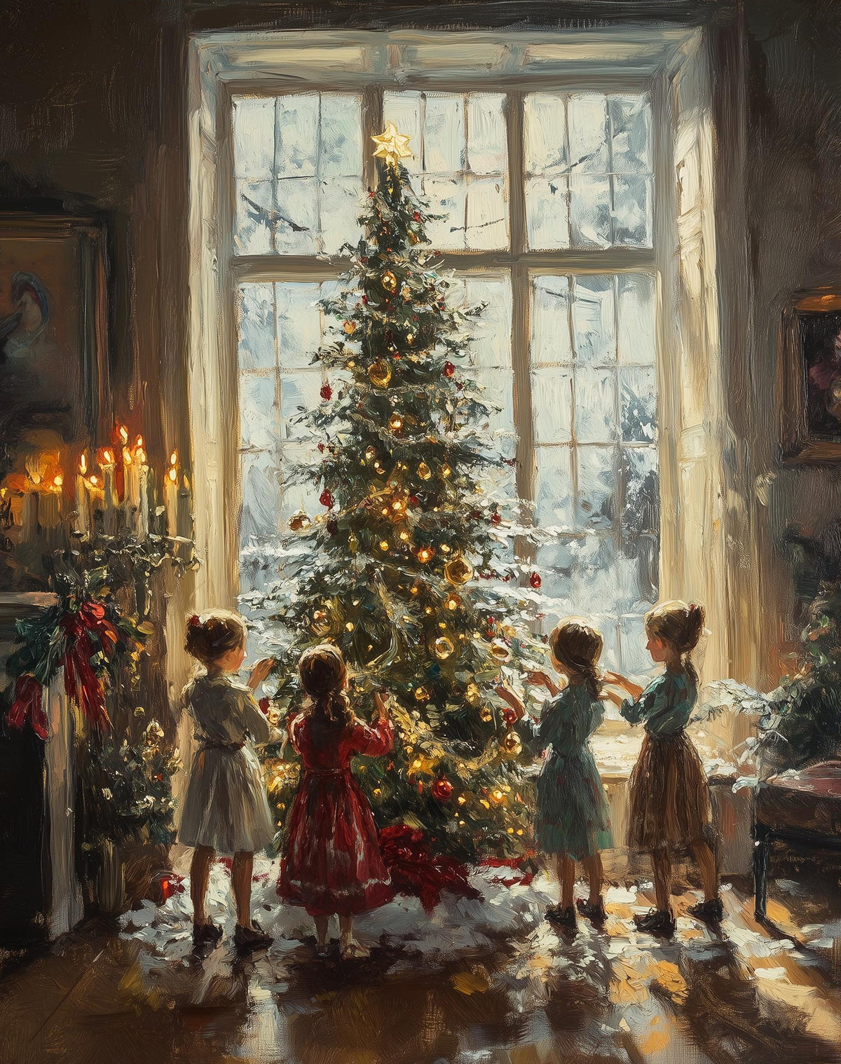 Trimming Tree Christmas art print unframed, signed by Pattie Overcash