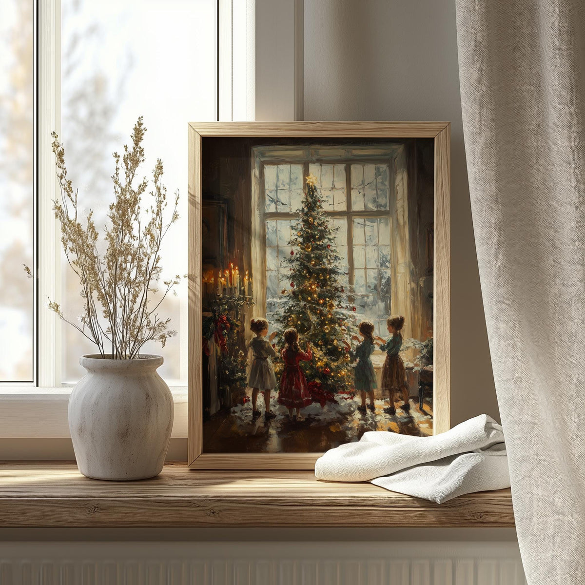 Trimming Tree Christmas art print shown in a room setting