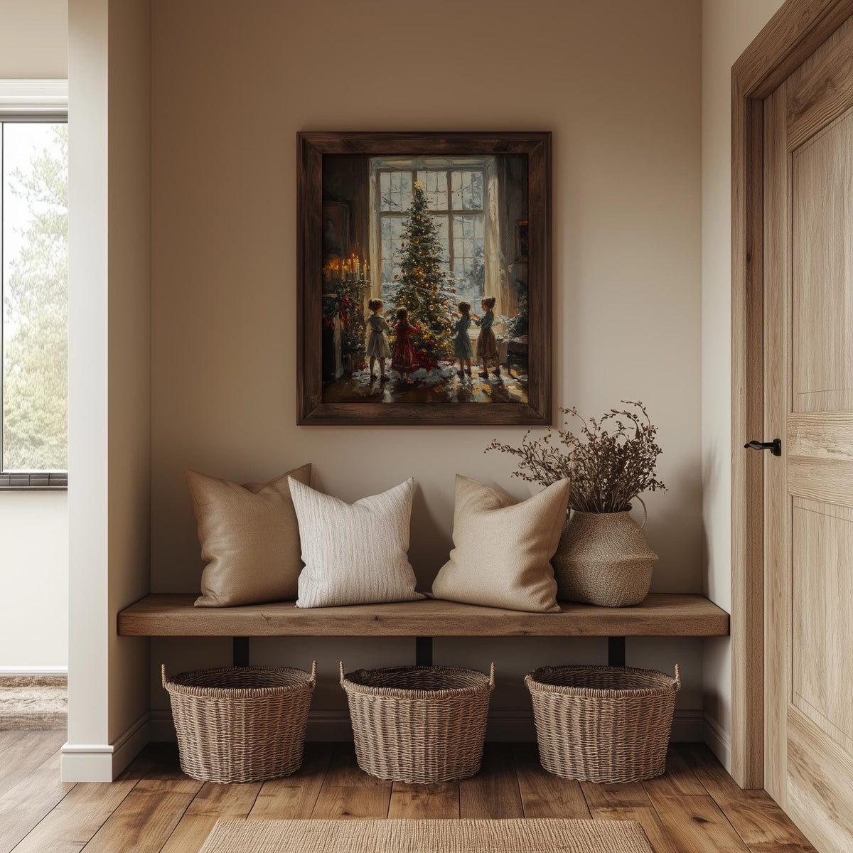 Trimming Tree Christmas art print shown in a room setting