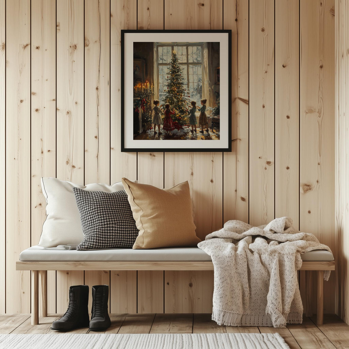 Trimming Tree Christmas art print shown in a room setting