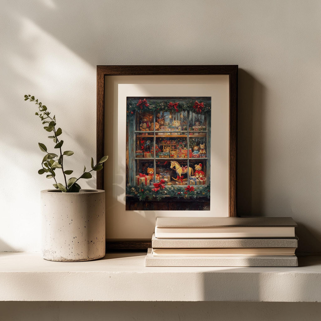 Toy Shop Christmas art print shown in a room setting