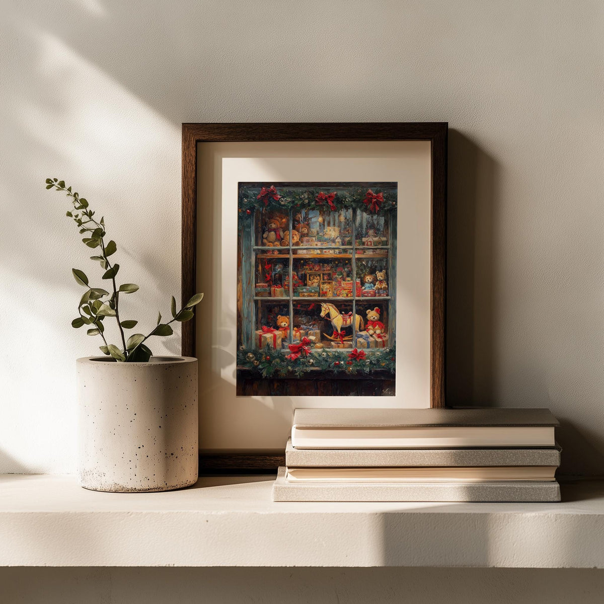Toy Shop Christmas art print shown in a room setting