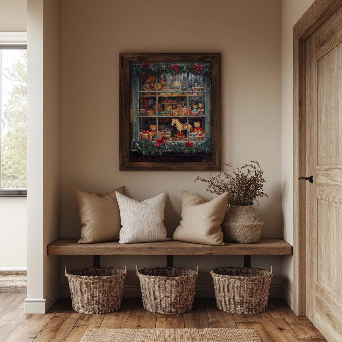 Toy Shop Christmas art print shown in a room setting
