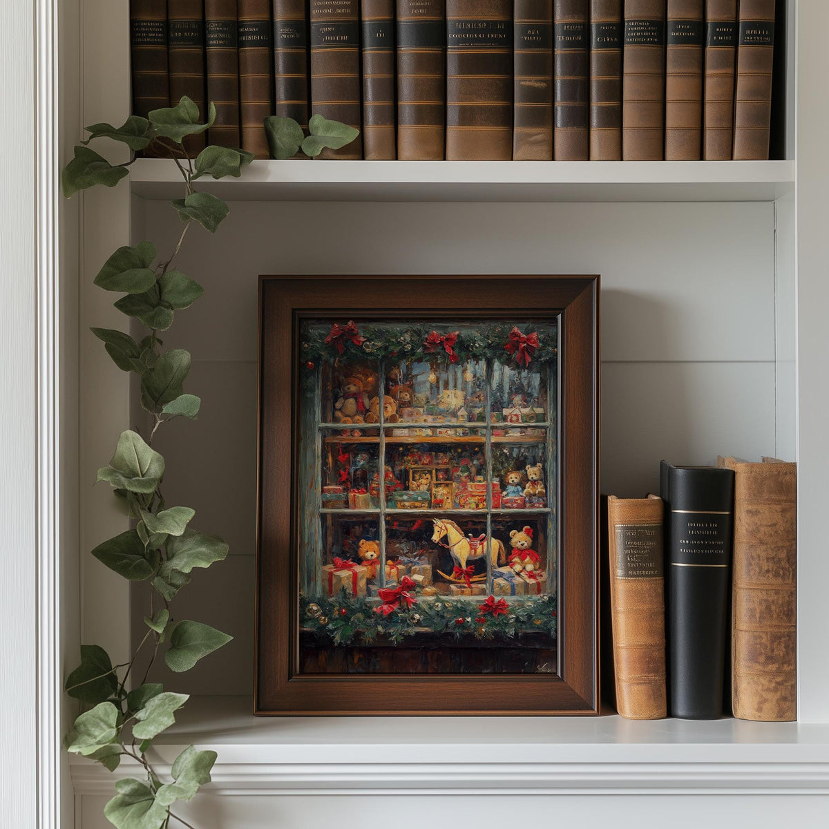 Toy Shop Christmas art print shown in a room setting
