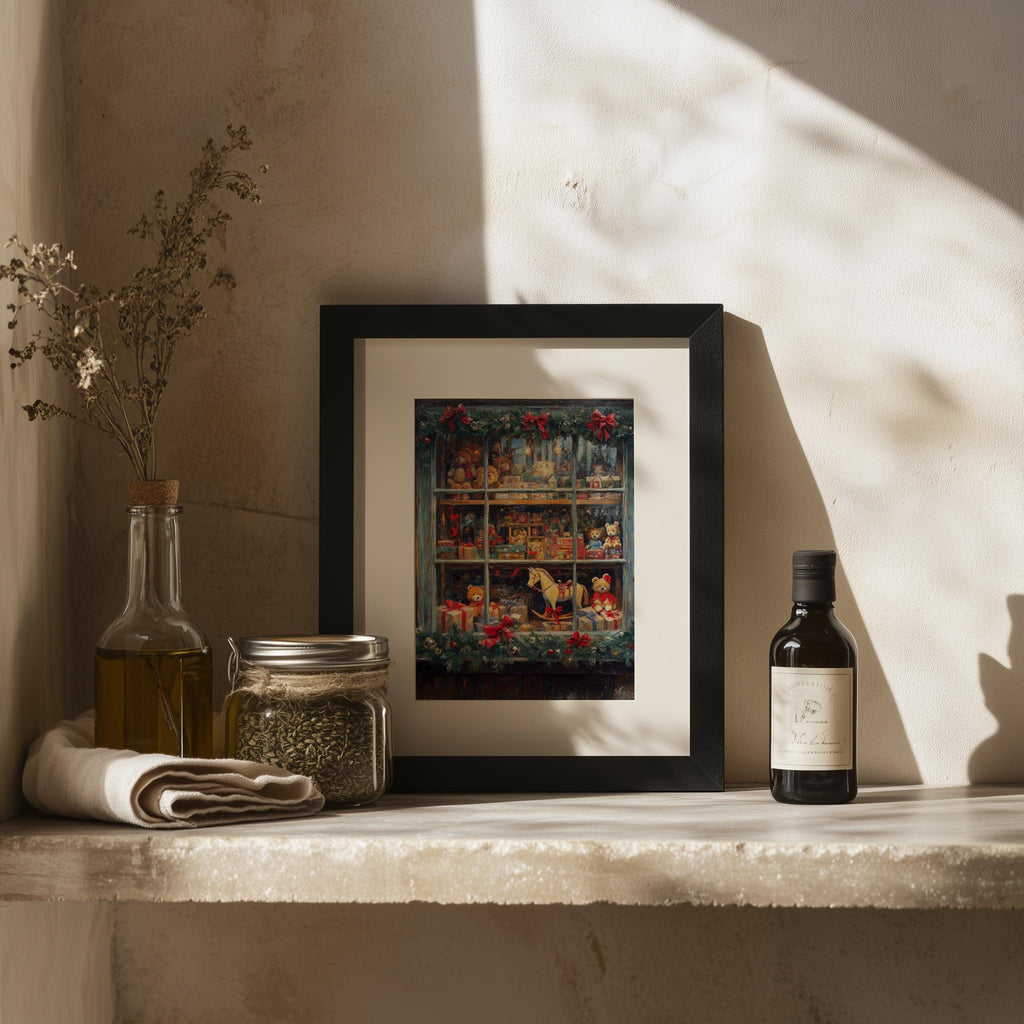 Toy Shop Christmas art print shown in a room setting
