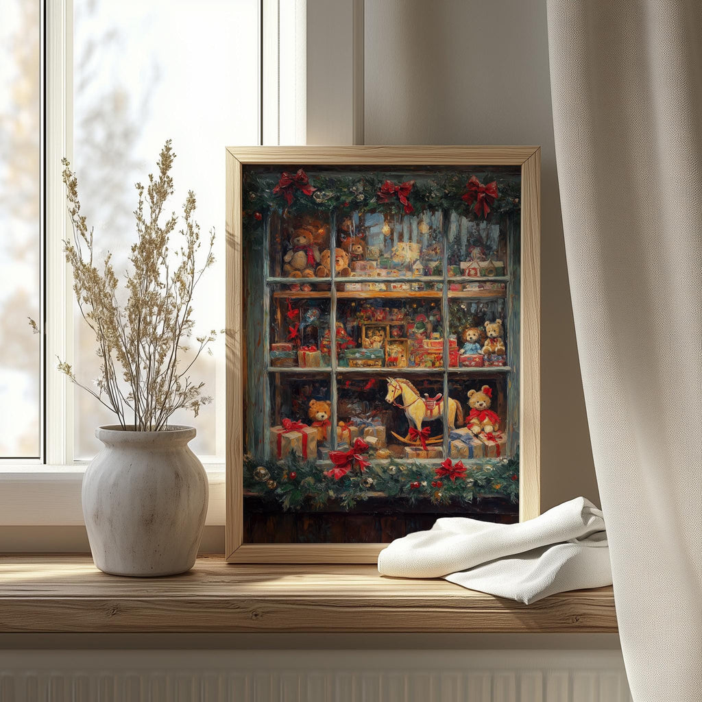 Toy Shop Christmas art print shown in a room setting