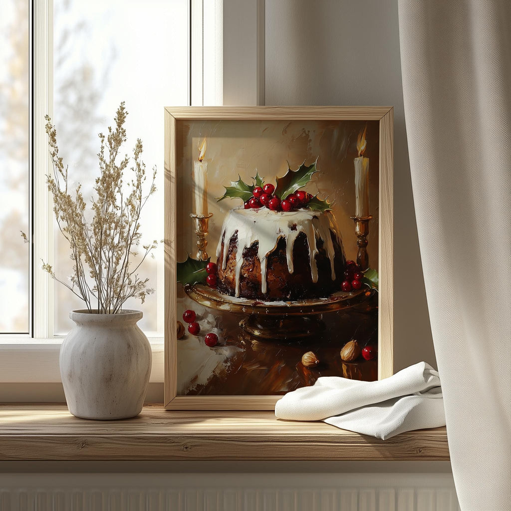 Xmas Pudding Christmas art print shown in a room setting