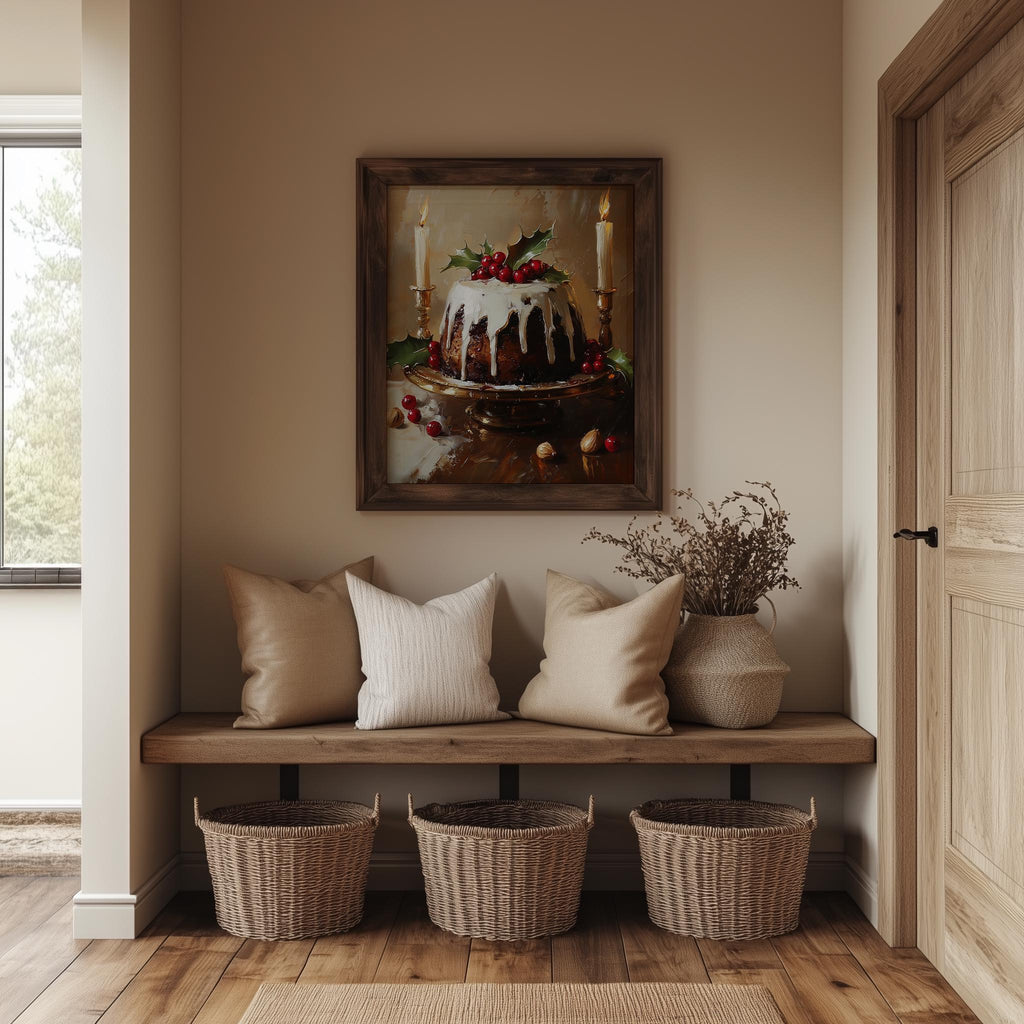Xmas Pudding Christmas art print shown in a room setting