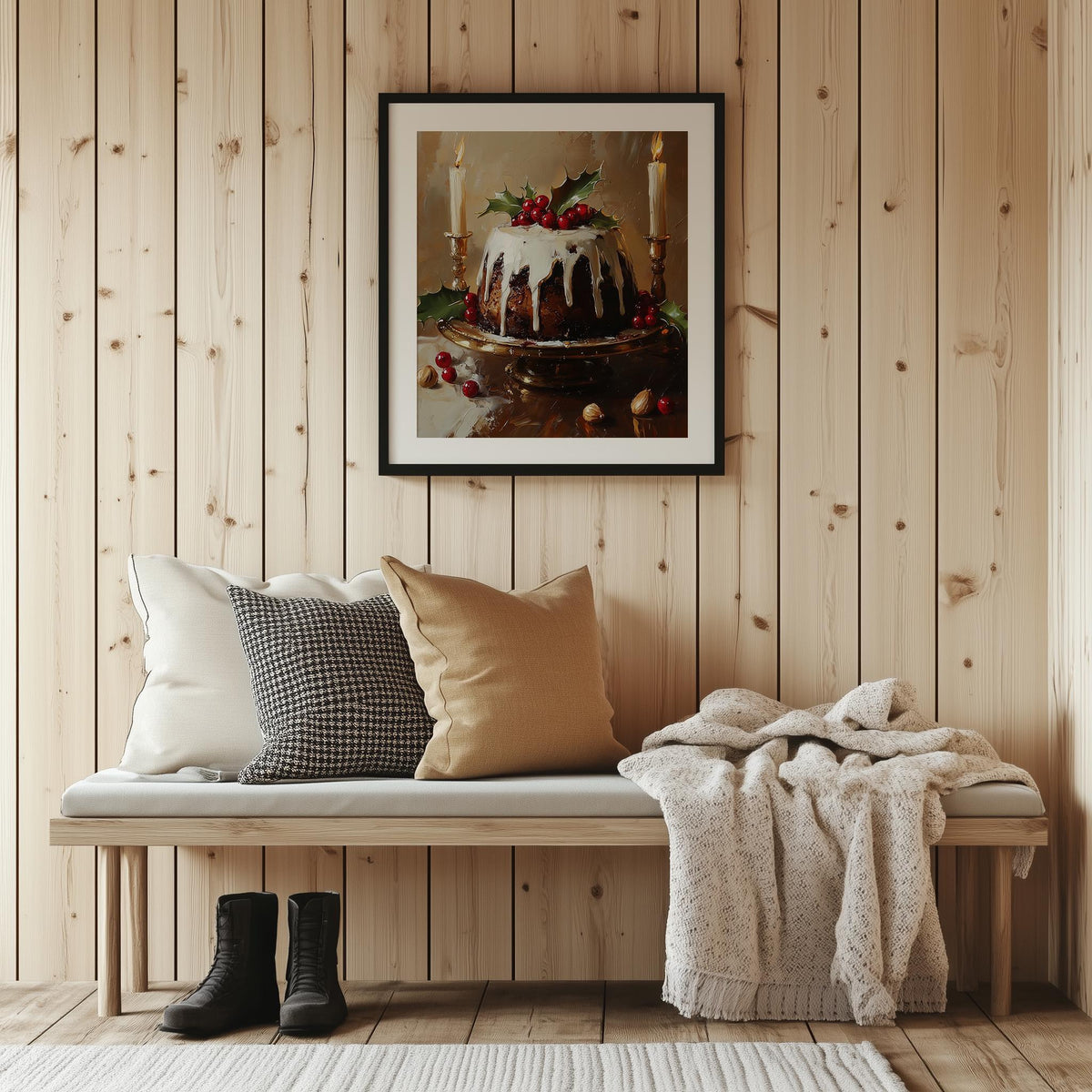 Xmas Pudding Christmas art print shown in a room setting