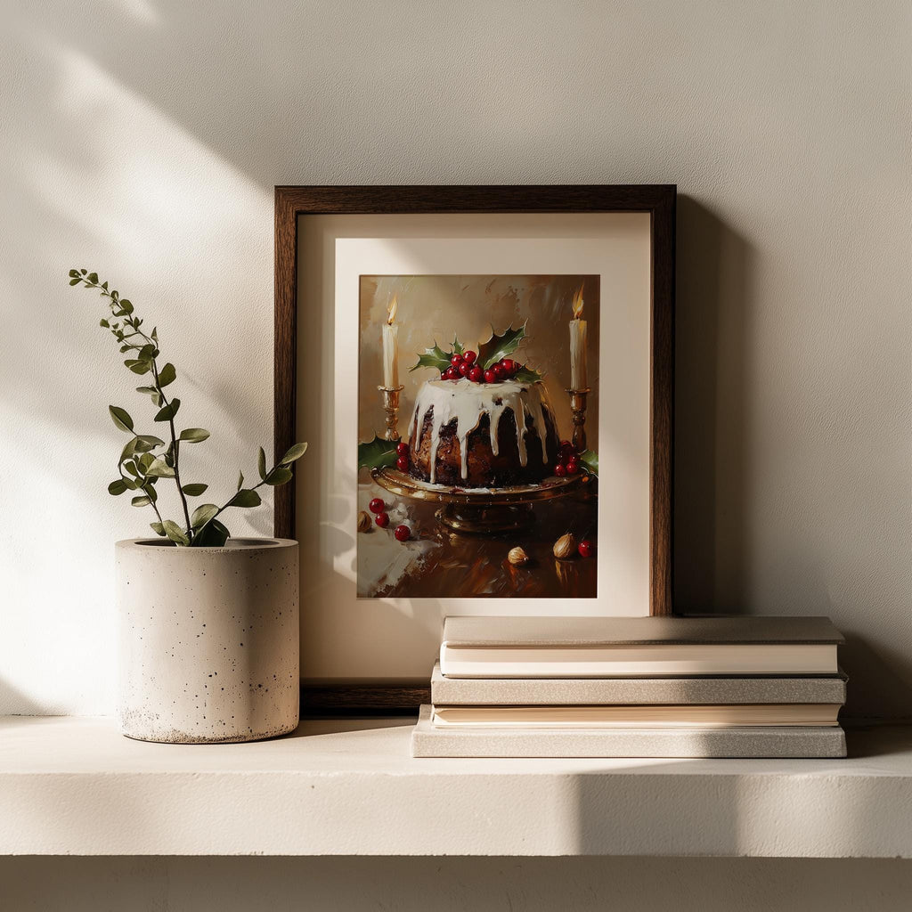 Xmas Pudding Christmas art print shown in a room setting