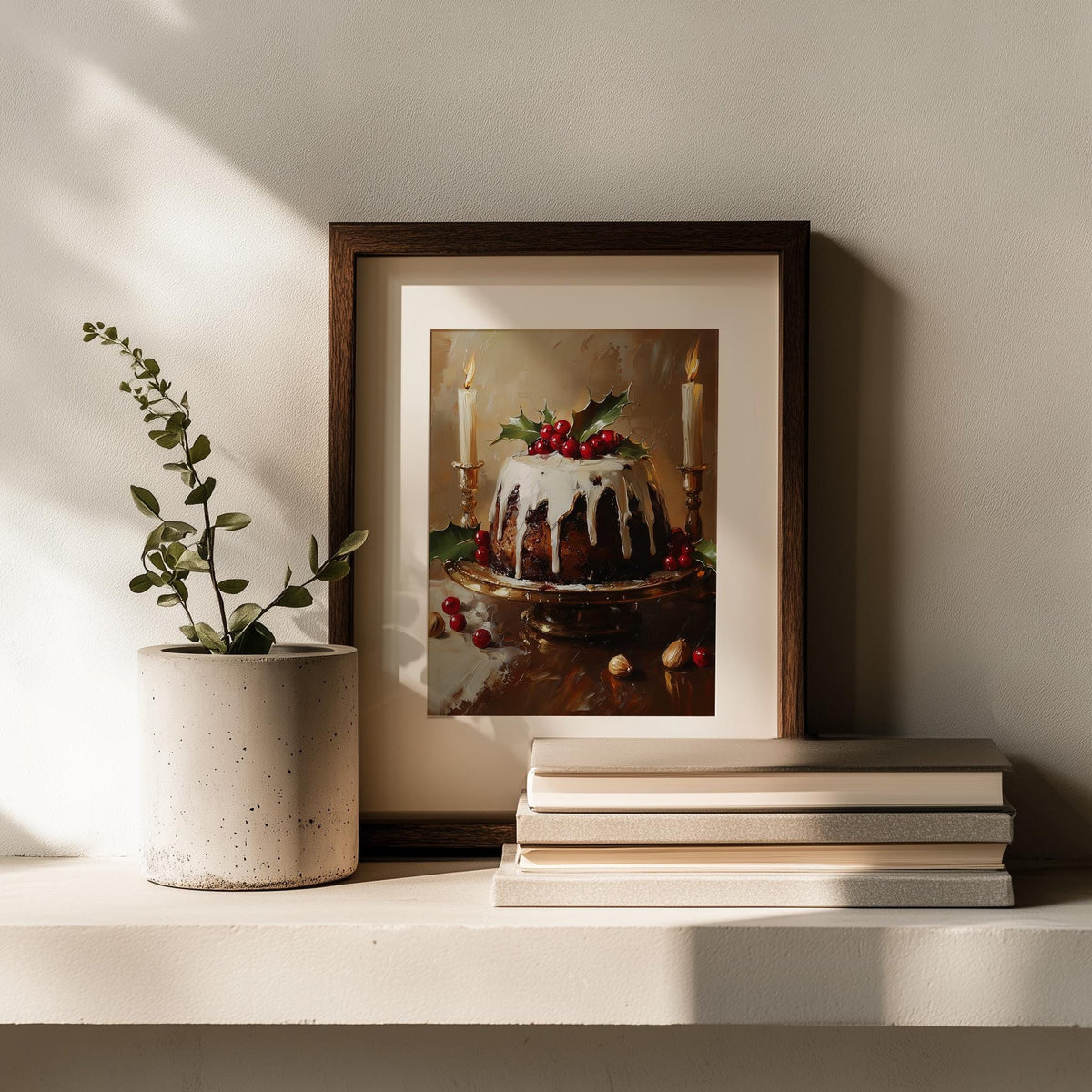 Xmas Pudding Christmas art print shown in a room setting