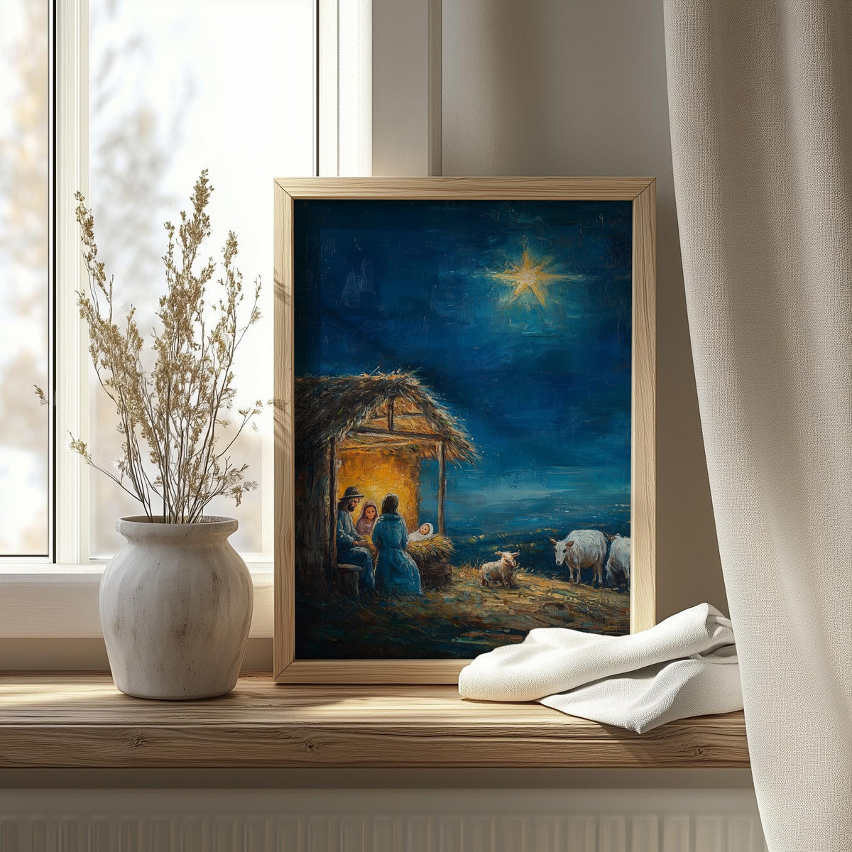 Stable Night Christmas art print shown in a room setting