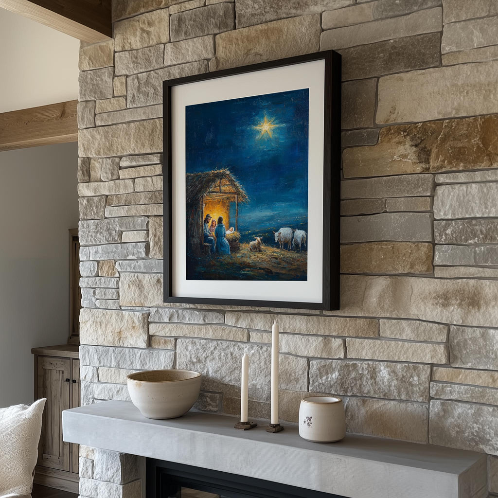 Stable Night Christmas art print shown in a room setting