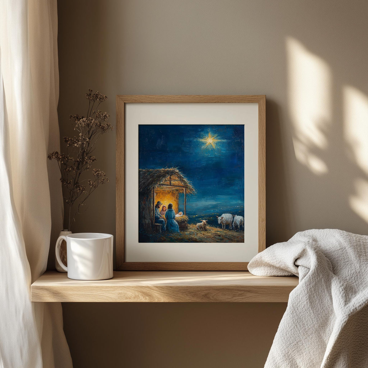 Stable Night Christmas art print shown in a room setting
