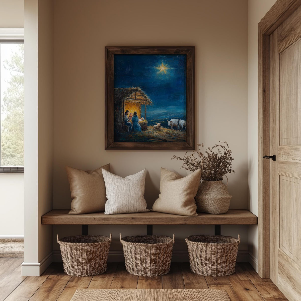 Stable Night Christmas art print shown in a room setting