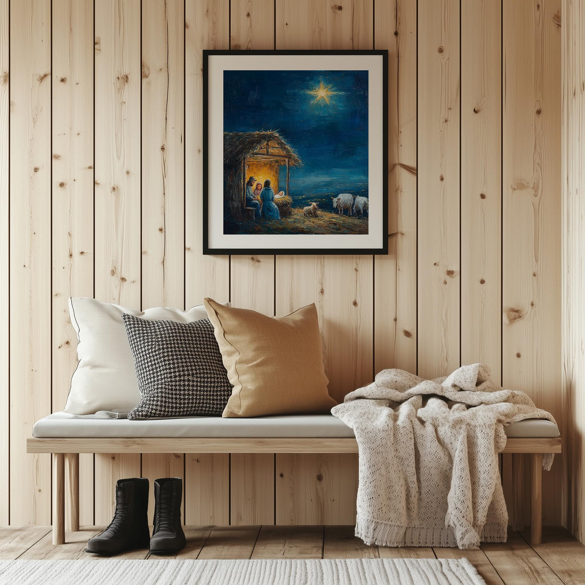 Stable Night Christmas art print shown in a room setting