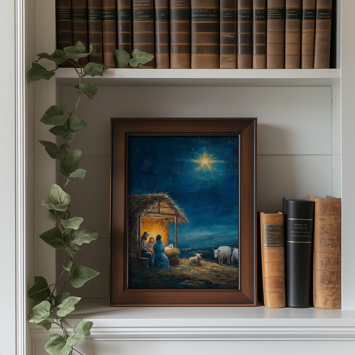 Stable Night Christmas art print shown in a room setting