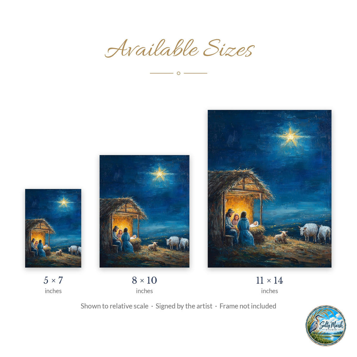 Stable Night art print size guide: 5x7, 8x10 and 11x14
