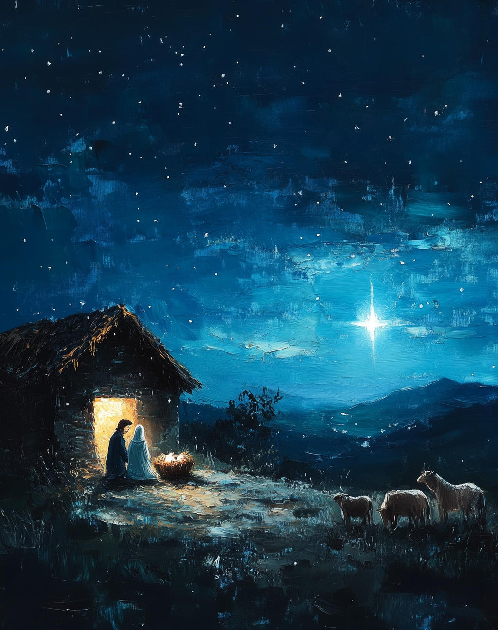 Starlit Stable Christmas art print unframed, signed by Pattie Overcash