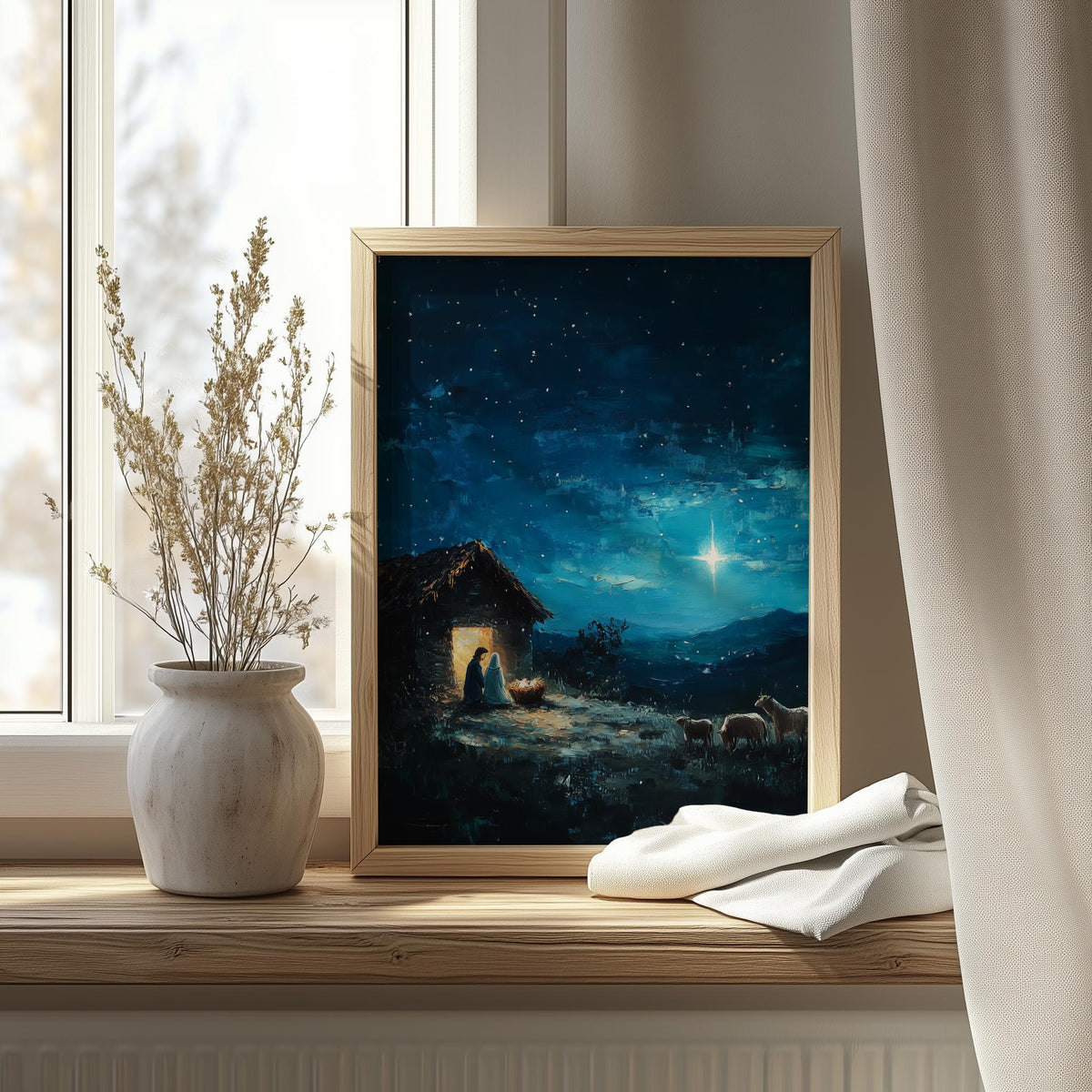 Starlit Stable Christmas art print shown in a room setting