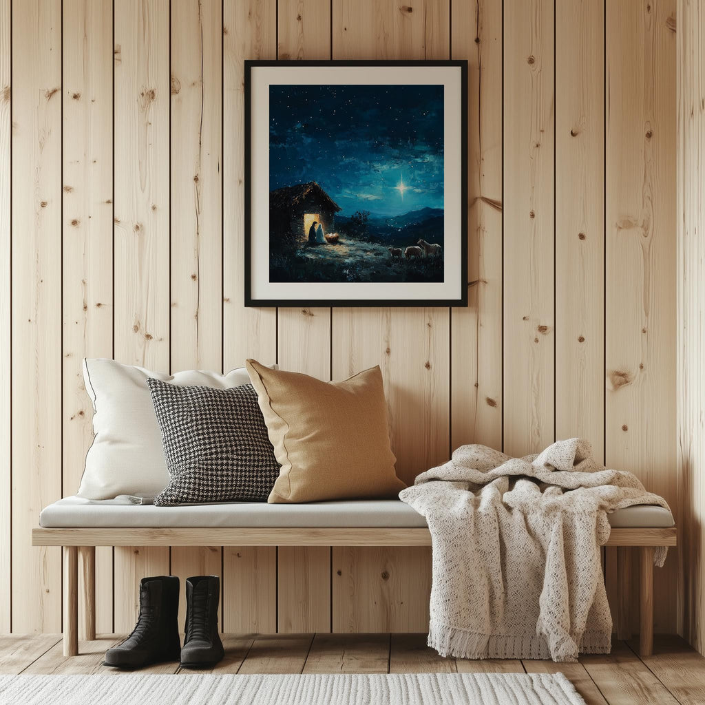 Starlit Stable Christmas art print shown in a room setting