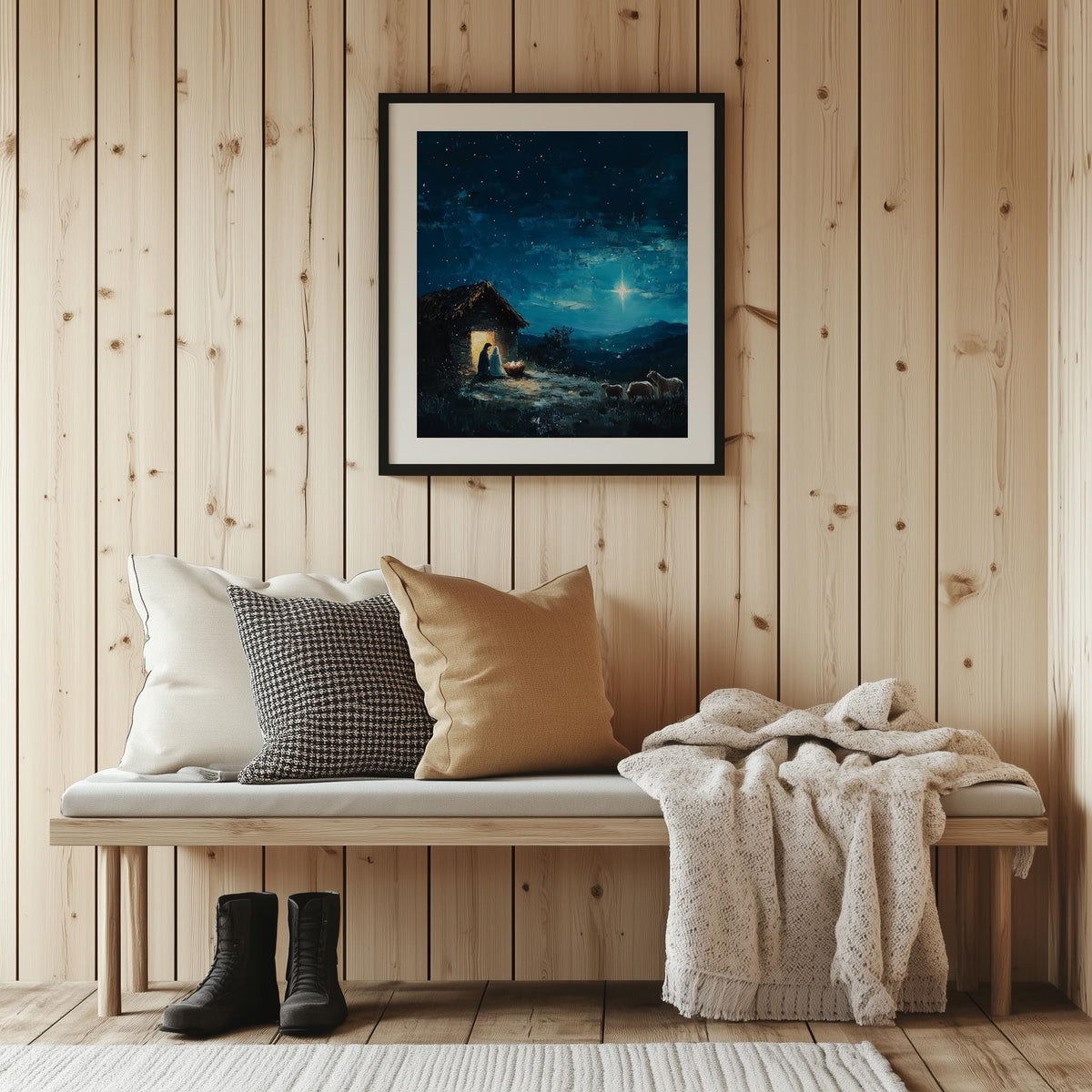Starlit Stable Christmas art print shown in a room setting