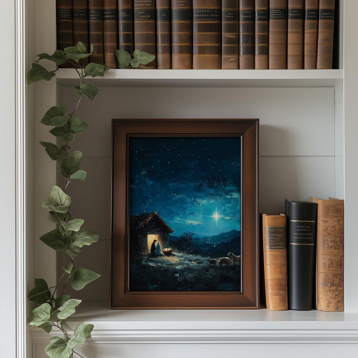 Starlit Stable Christmas art print shown in a room setting