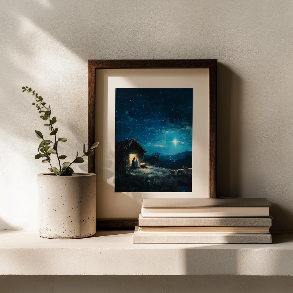 Starlit Stable Christmas art print shown in a room setting