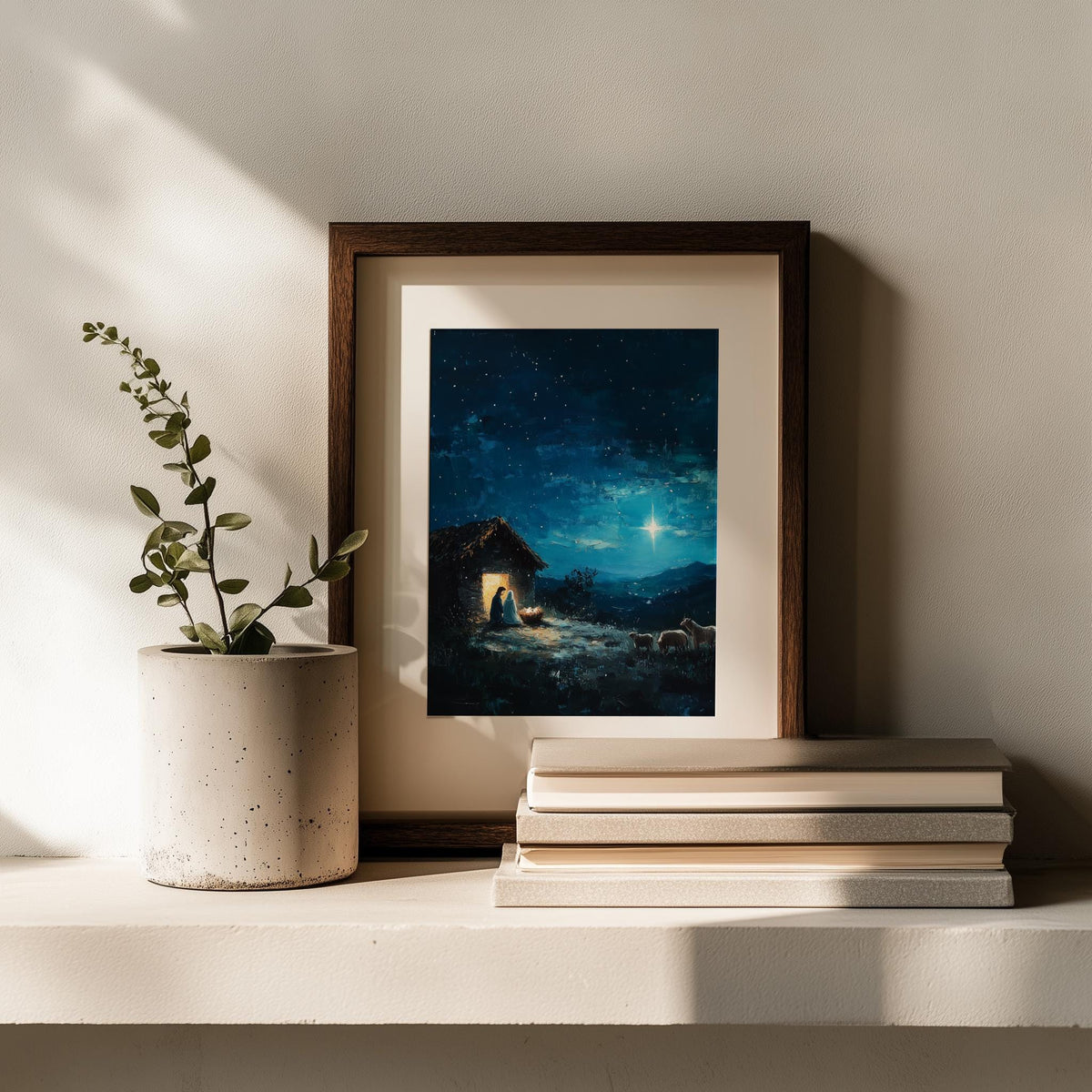 Starlit Stable Christmas art print shown in a room setting