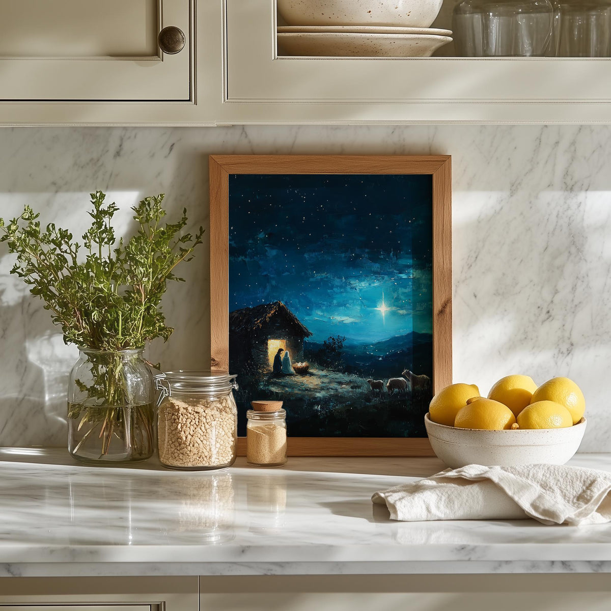 Starlit Stable Christmas art print shown in a room setting