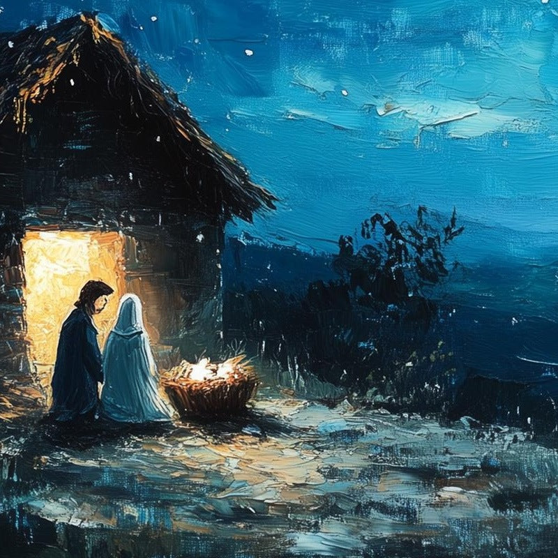 Starlit Stable Christmas art print close-up detail