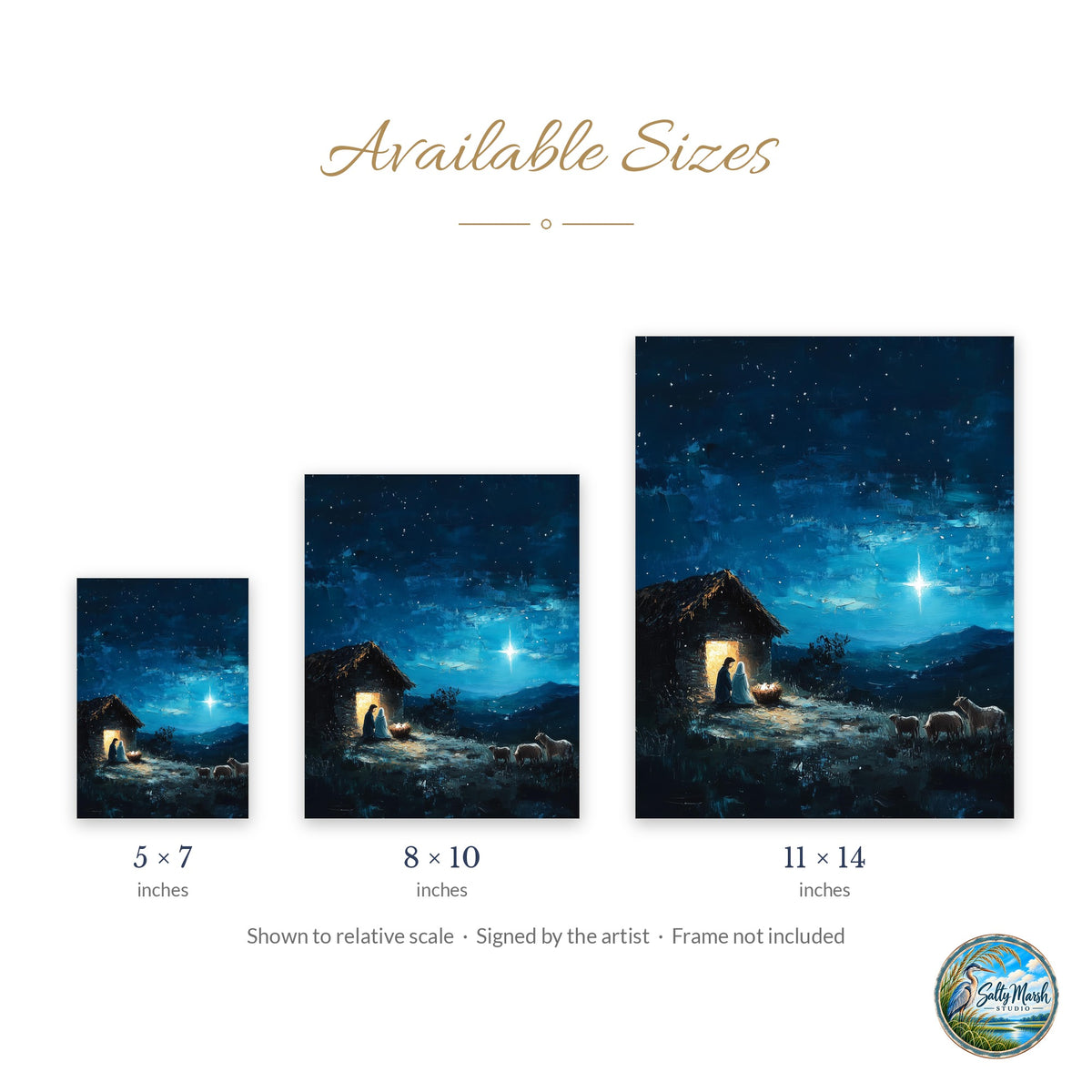 Starlit Stable art print size guide: 5x7, 8x10 and 11x14