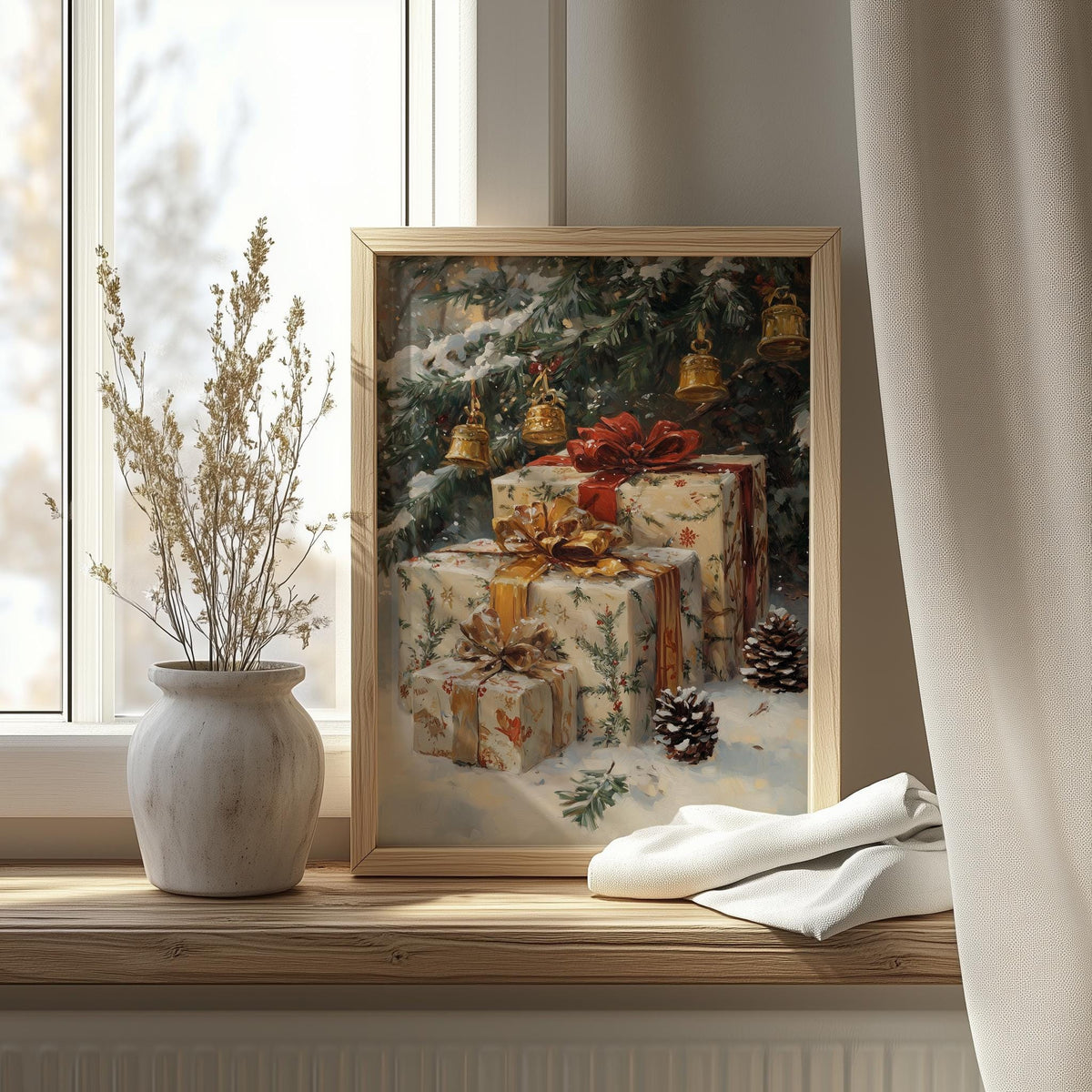 Vintage Presents Christmas art print shown in a room setting