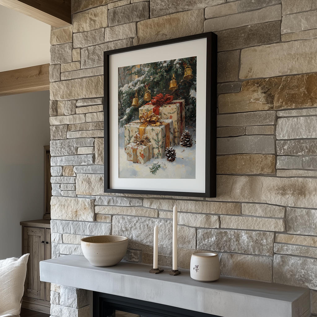 Vintage Presents Christmas art print shown in a room setting