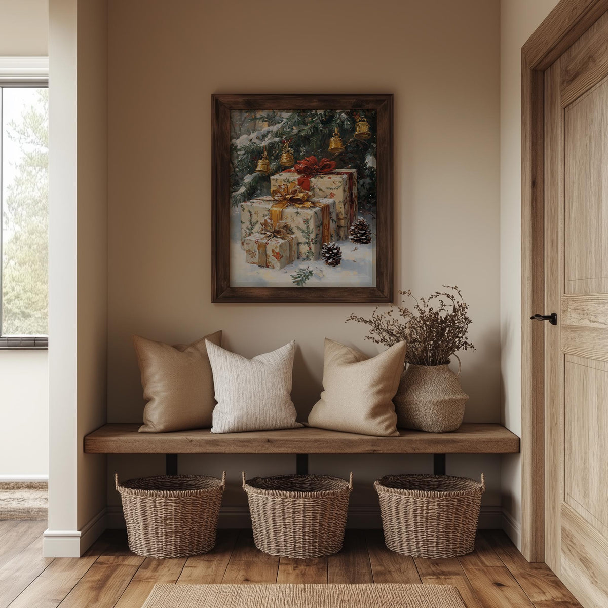 Vintage Presents Christmas art print shown in a room setting