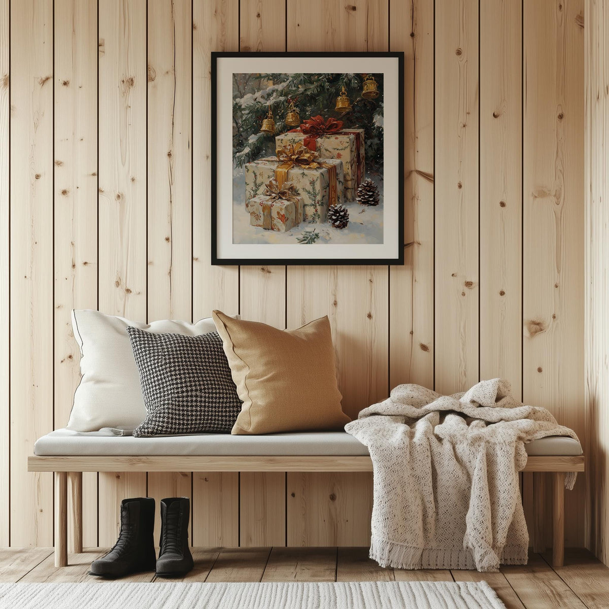 Vintage Presents Christmas art print shown in a room setting