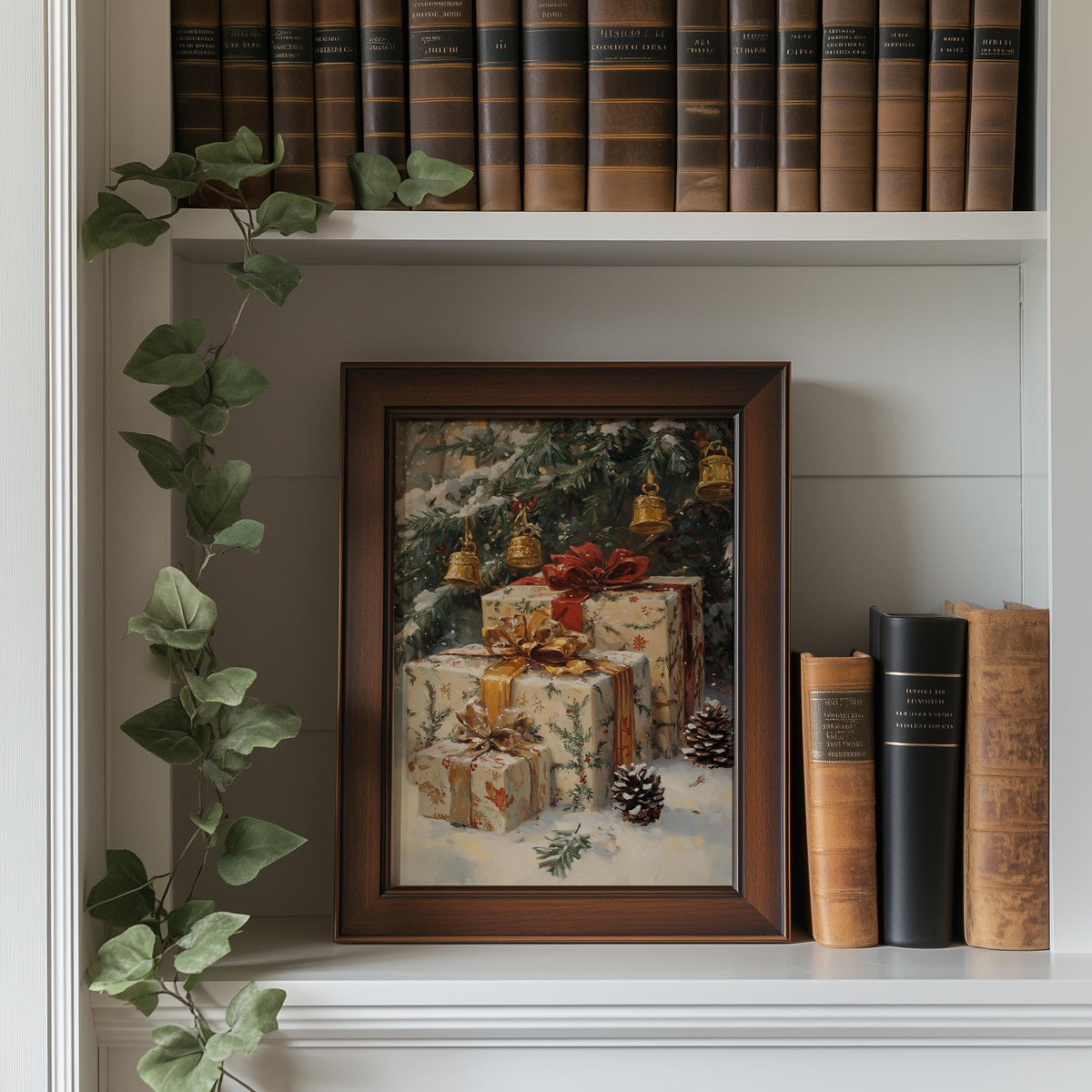Vintage Presents Christmas art print shown in a room setting