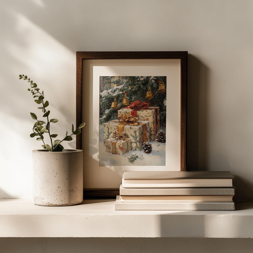 Vintage Presents Christmas art print shown in a room setting