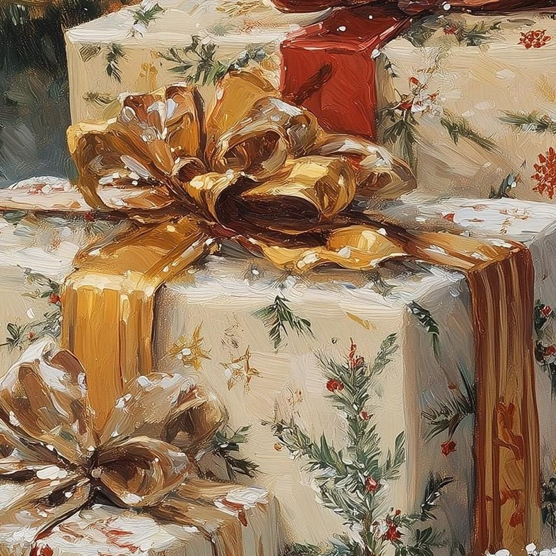 Vintage Presents Christmas art print close-up detail