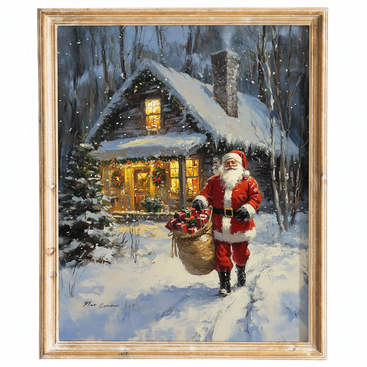 Santa Cabin Christmas art print framed